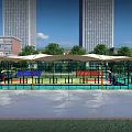 Outdoor Basketball Court with Glass Enclosure Surrounded by Tall Buildings and Greenery