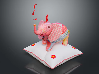 Pink Patchwork Elephant Toy Standing On White Pillow With Flower Decorations And Red Ribbons 3d model