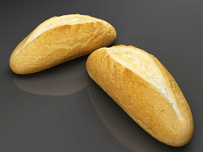 Freshly Baked Long Bread with Golden Crust and Cracked Surface on Dark Smooth Background 3d model