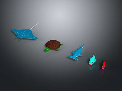 Various Marine Animals Blue Spotted Ray Brown Turtle And Colorful Fish On Grey Background 3d model