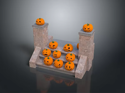 Decorative Fresh Pumpkins With Carved Smiling Faces Arranged On Stone Steps 3d model