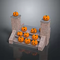 Decorative Fresh Pumpkins With Carved Smiling Faces Arranged On Stone Steps