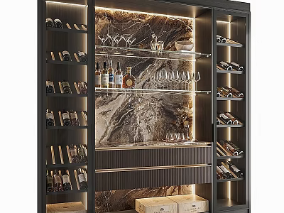 Modern Wine Cabinet Design With Marble Background Glass Shelves And Lighting Strip 3d model