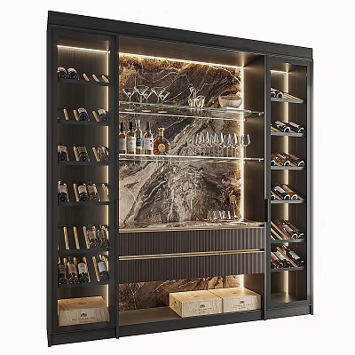 Modern Wine Cabinet Design With Marble Background Glass Shelves And Lighting Strip 3d model