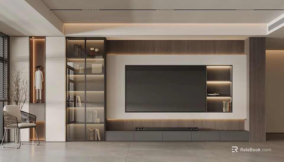 Modern Living Room Interior With TV Wall Bookshelf Lighting Strips Wooden Decoration And Gray Flooring 3d model 