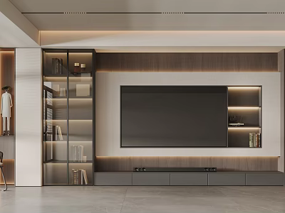 Modern Living Room Interior With TV Wall Bookshelf Lighting Strips Wooden Decoration And Gray Flooring 3d model