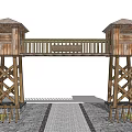 Wooden Entrance Gate With Dual Roofed Towers Connecting Walkway And Brick Pathway