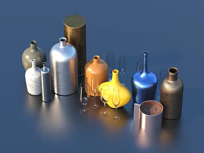 Colorful Metal and Glass Tableware Set with Bottles Goblets and Containers in Various Hues 3d model