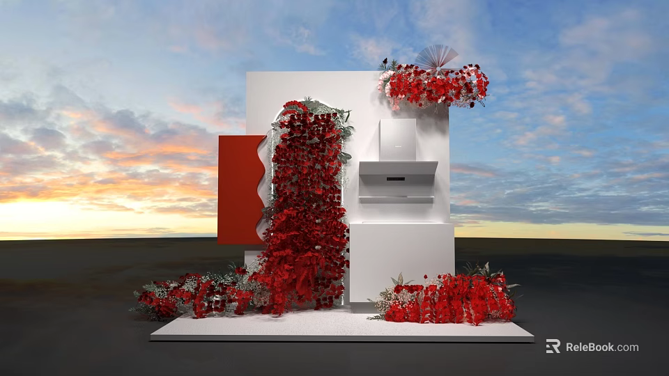 Creative White Cube Art Installation With Red Floral Decor And Sunset Sky Backdrop 3d model 