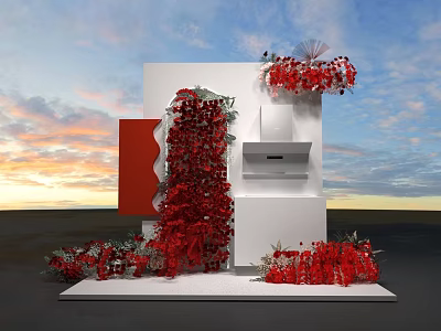 Creative White Cube Art Installation With Red Floral Decor And Sunset Sky Backdrop 3d model