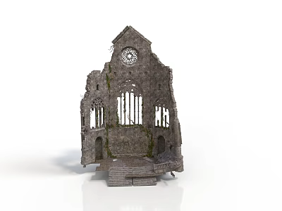 Ancient Ruined Church Stone Structure With Arched Windows Clock Moss And Stone Steps 3d model