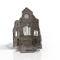 Ancient Ruined Church Stone Structure With Arched Windows Clock Moss And Stone Steps