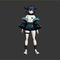 Anime Game Character Featuring Twin Buns Dark Hair Blue Orange Accents Coat Shorts Socks Sneakers