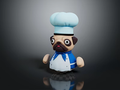 Chef Pug Plush Toy With Blue Shirt White Apron Bow Tie And Chef Hat 3d model