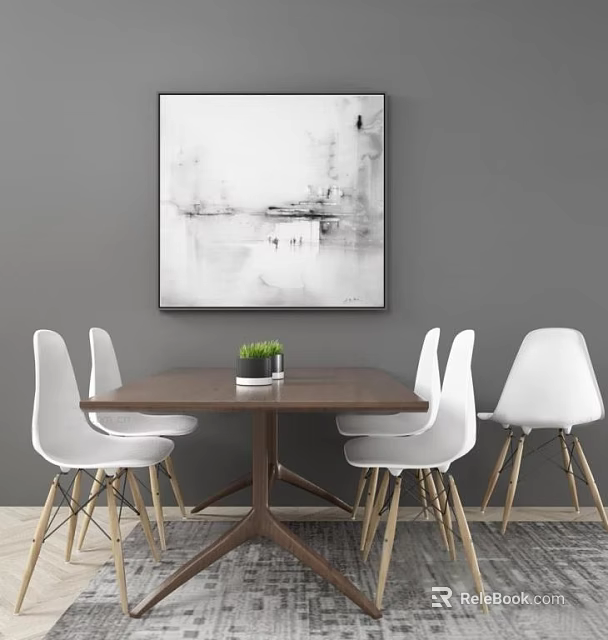 Dining Table Set Featuring Dark Wooden Table White Chairs Gold Legs And Black White Art 3d model 