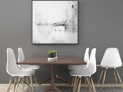 Dining Table Set Featuring Dark Wooden Table White Chairs Gold Legs And Black White Art 3d model