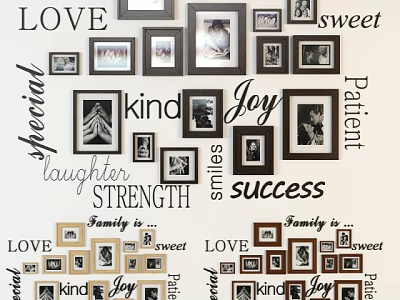 Family Photo Wall With Decorative Frames Love Joy Laughter Strength Sweet Smiles Memories 3d model