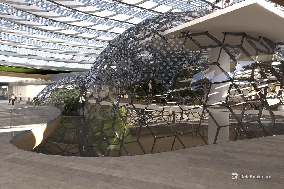 Mall Lobby Interior Design With Glass Roof And Unique Geometric Structure And Green Plants 3d model 