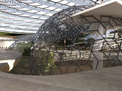 Mall Lobby Interior Design With Glass Roof And Unique Geometric Structure And Green Plants 3d model