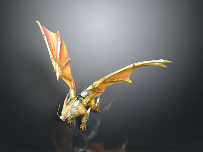 Golden Mythical Dragon Character With Bright Orange Wings And Shiny Scales 3d model