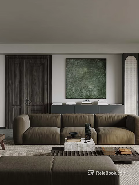 Modern Living Room Interior With Brown Sofa Green Painting And Dark Cabinets 3d model 