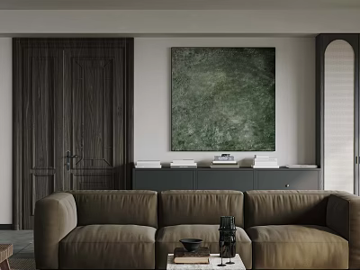 Modern Living Room Interior With Brown Sofa Green Painting And Dark Cabinets 3d model