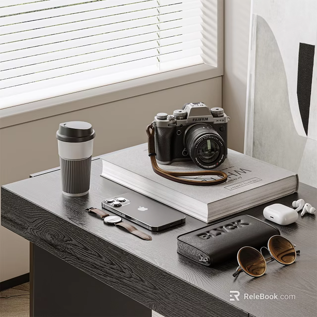 Decorative Ornament Set With Coffee Cup Camera Book Phone Wallet And Sunglasses On Window Table 3d model 