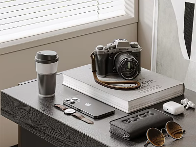 Decorative Ornament Set With Coffee Cup Camera Book Phone Wallet And Sunglasses On Window Table 3d model