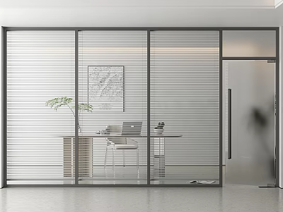 Modern Office Interior With Glass Partition Blinds Wooden Desk And Green Plant 3d model