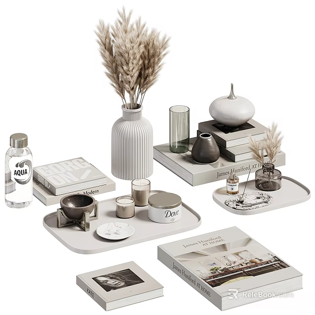 Minimalist Modern Decorative Ornament Combination With Vase Tray Books And Dried Grass 3d model 