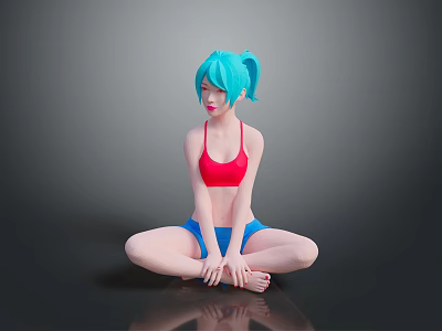 3D Character With Blue Hair Red Sports Bra Blue Shorts Cross Legged Sitting Black Floor 3d model