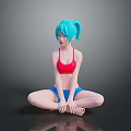 3D Character With Blue Hair Red Sports Bra Blue Shorts Cross Legged Sitting Black Floor