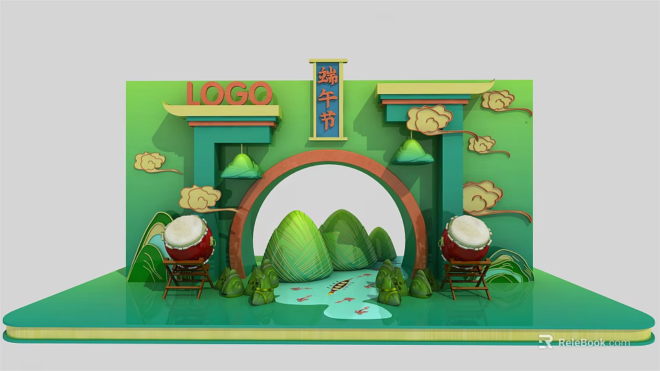 Dragon Boat Festival Decorative Setup With Green Archway Mountain Elements Red Drums And Cloud Patterns 3d model 