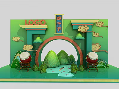 Dragon Boat Festival Decorative Setup With Green Archway Mountain Elements Red Drums And Cloud Patterns 3d model
