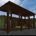 Wooden Pergola with Roof Columns and Lanterns Surrounded by Green Trees and Stone Pavement