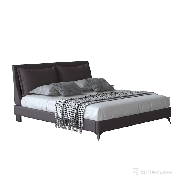 Double Bed With Dark Brown Upholstered Headboard Multiple Pillows White Linen And Checkered Throw 3d model