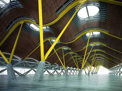 Modern Exhibition Hall With Curved Roof Circular Windows And Yellow Support Beams Design 3d model