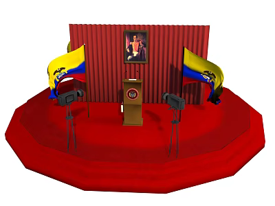 Functional Desk Podium on Red Stage with Red Carpet Striped Wall Portrait Flags and Cameras 3d model