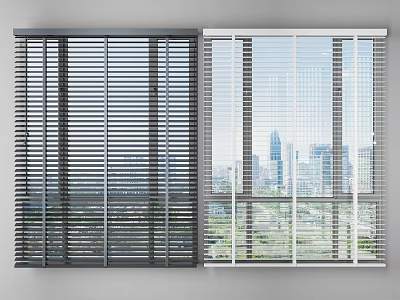 Light and Dark Colored Window Blinds Installed on Windows With City Buildings View 3d model