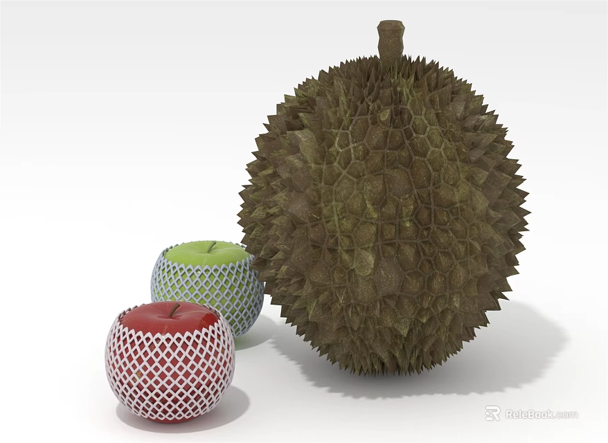 Spiky Durian and Netted Red Green Apples Fresh Tropical Fruit 3d model 