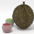 Spiky Durian and Netted Red Green Apples Fresh Tropical Fruit