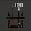 Medieval Wooden Rack With Red Shaft Spear Metal Axe And Hammer Tools