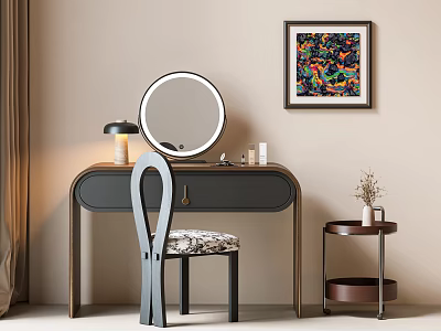 Modern Dark Wooden Vanity Table With Round Mirror Accent Chair And Wall Art 3d model
