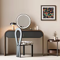 Modern Dark Wooden Vanity Table With Round Mirror Accent Chair And Wall Art