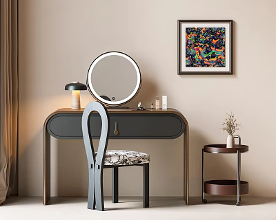 Modern Dark Wooden Vanity Table With Round Mirror Accent Chair And Wall Art 3d model