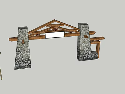 Stone Pillar Wooden Triangular Frame Entrance Gate With White Plaque Area 3d model