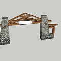 Stone Pillar Wooden Triangular Frame Entrance Gate With White Plaque Area 3d model