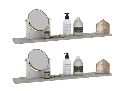 Daily Essentials On Concrete Shelf With Round Mirror Pump Bottles Small Jar And Wooden Box 3d model