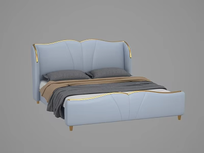 Light Blue Double Bed With Gold Accents Gray Mattress And Brown Gray Bedding 3d model