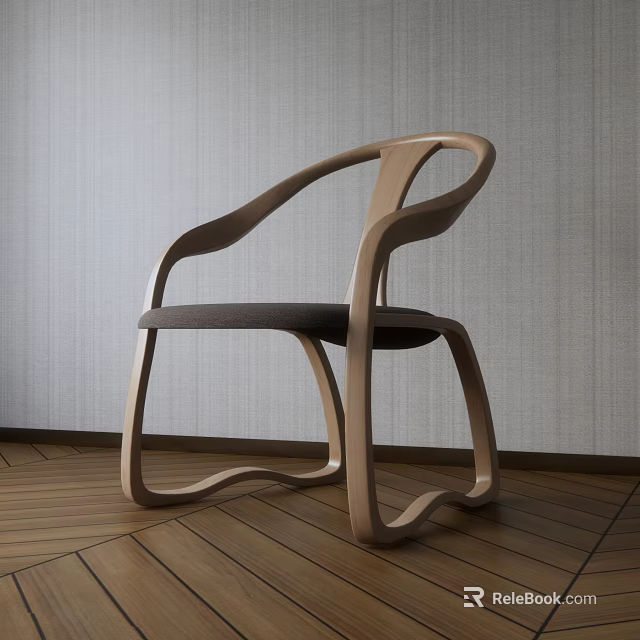 Elegant Wooden Curved Design Accent Chair With Gray Cushion And Textured Wall On Wooden Floor 3d model 